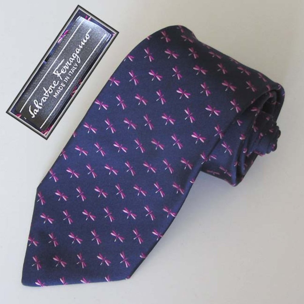 FERRAGAMO navy / pink / purple dragonfly print silk tie